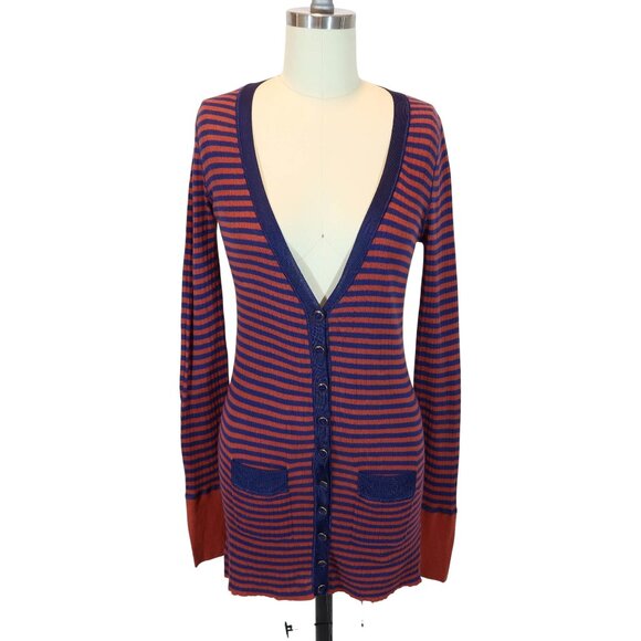 MARC JACOBS Y2K Ribbed Striped Fitted Cardigan Sweater Size S Cotton Red Navy - Picture 1 of 8